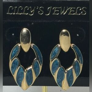 Vintage Gold & Blue Enamel Drop Earrings by Lilly’s - Classic & Elegant Design